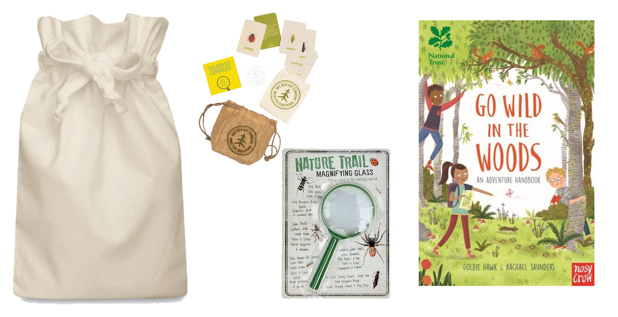 Nature exploration kit with drawstring bag, magnifying glass, and book titled 'Go Wild in the Woods'.
