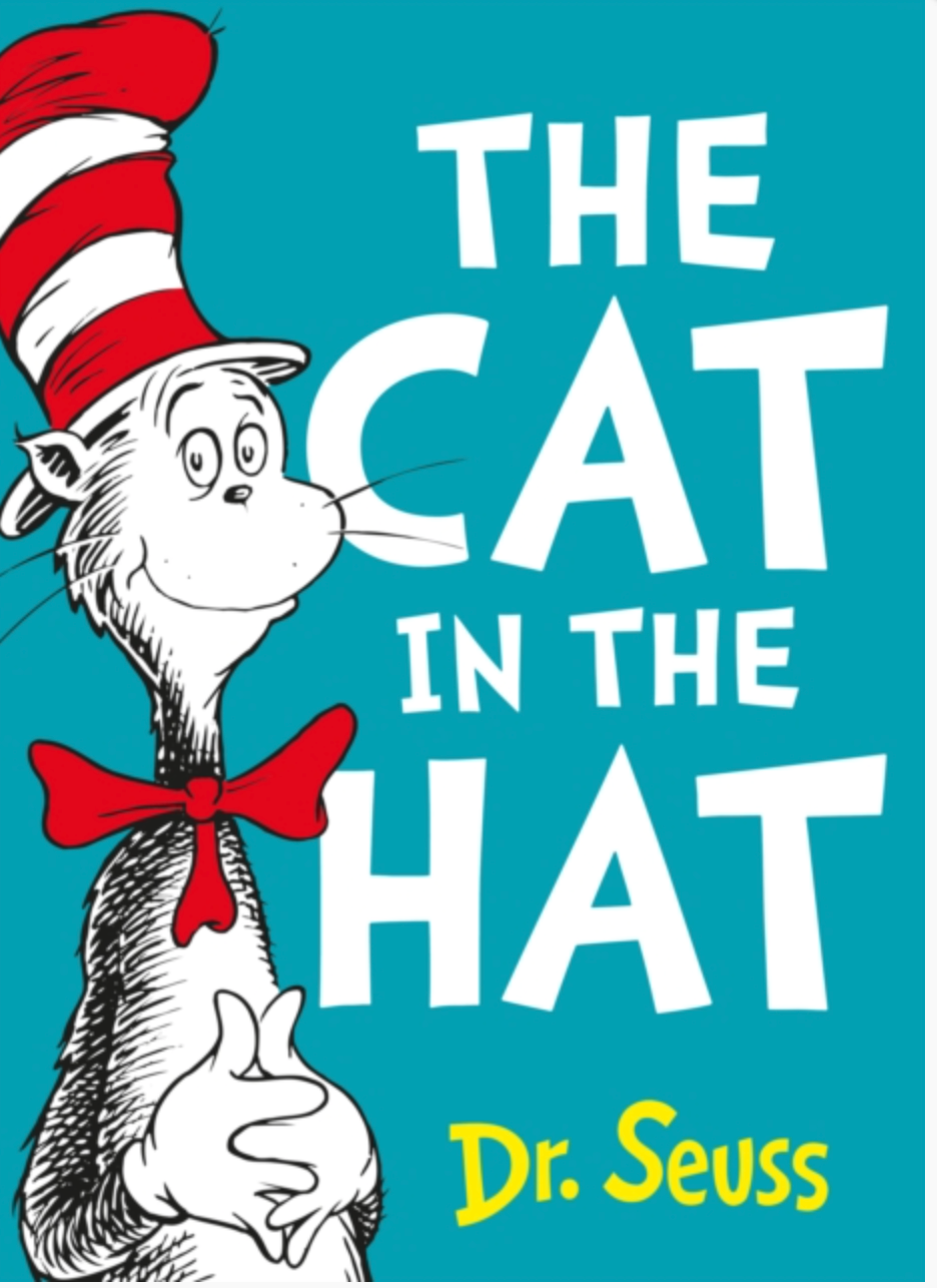 Book cover of 'The Cat in the Hat' by Dr. Seuss with a blue background