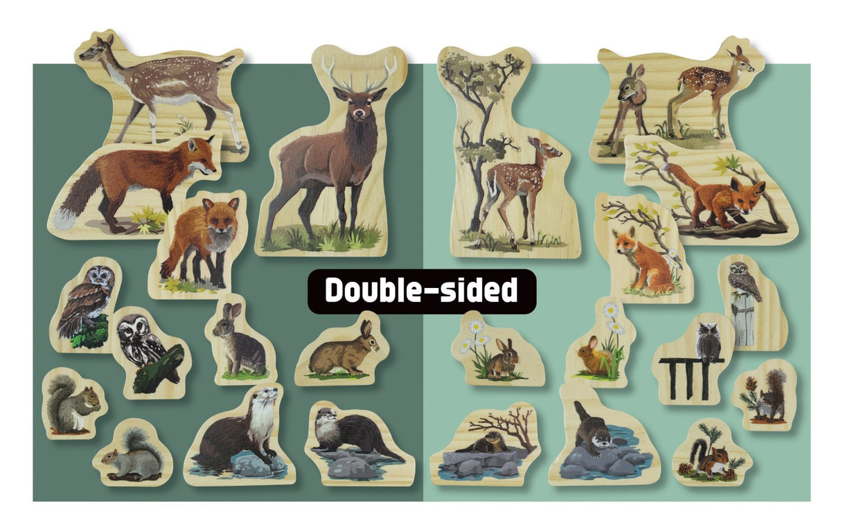 Double-sided animal illustrations on a green background