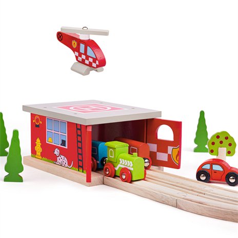 Bigjigs Fire Station Shed with helipad and fire rescue helicopter - Little Whispers
