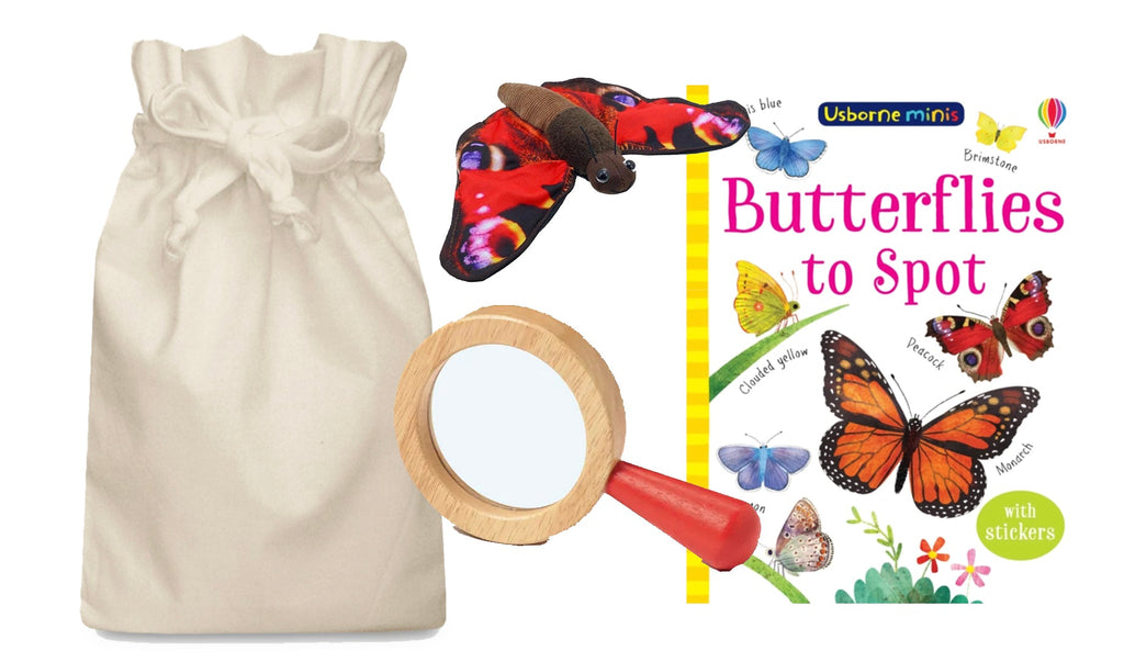 Butterflies Story Sack with TickiT Wooden Magnifying Glass and Finger Puppet - Little Whispers