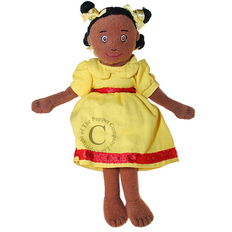 Puppet Company Girl - Dark Skin Tone, Yellow Dress Finger Puppet - Little Whispers