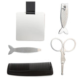 Set of grooming tools including a comb, scissors, and other items on a white background