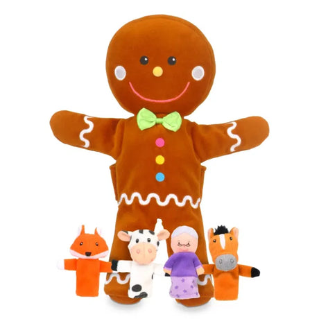 Plush gingerbread man with four animal characters on a white background