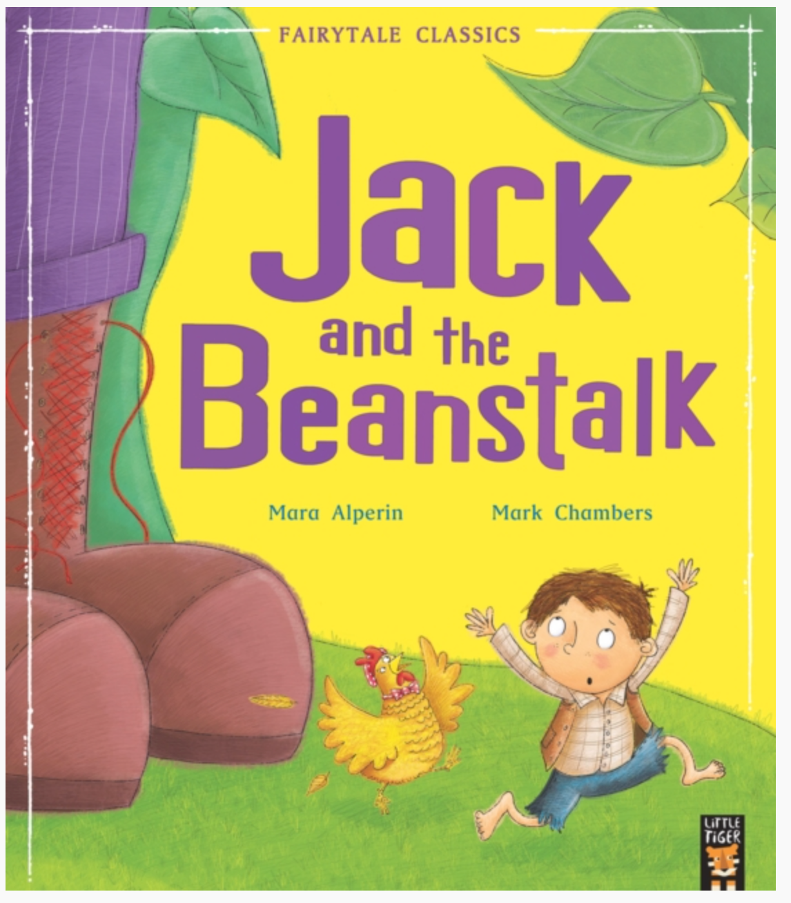Book cover of 'Jack and the Beanstalk' with a cartoon illustration of a boy, cow, and beanstalk.