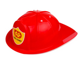 Red fire chief helmet with a yellow badge on a white background