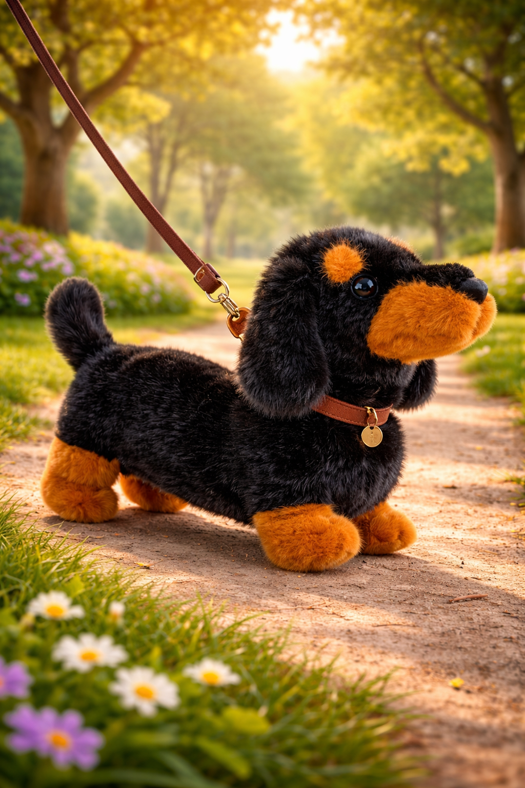 Plush dachshund toy on a leash in a park setting with trees and flowers.