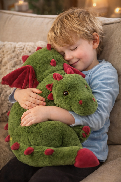 Child hugging a green dragon plush toy on a couch