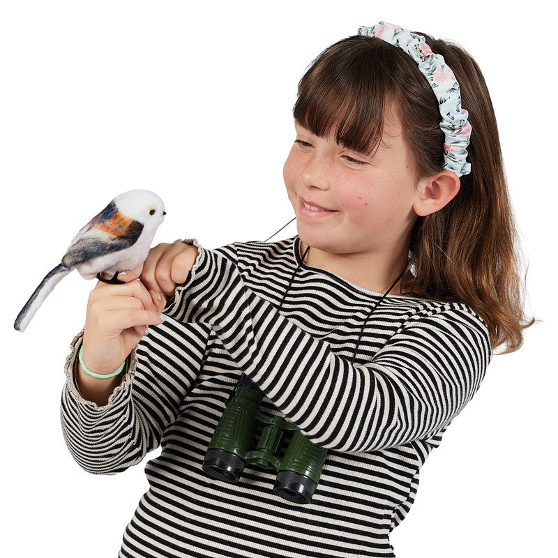 Folkmanis Mini Long Tailed Tit Finger Puppet on Girls Finger