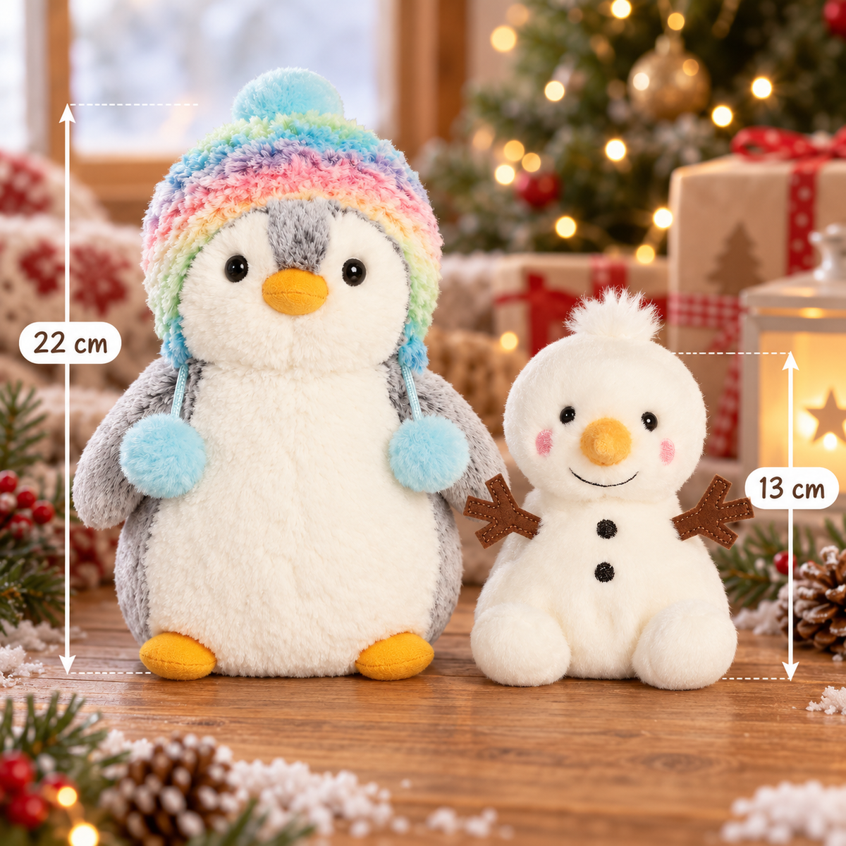PomPom Penguin Rainbow Hat Soft Toy and Snowman Palm Pal