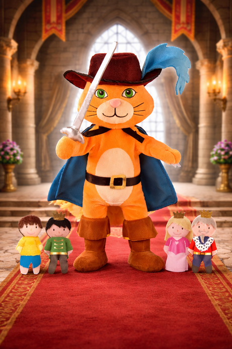 Puss In Boots Hand Puppet and Finger Puppets in a castle