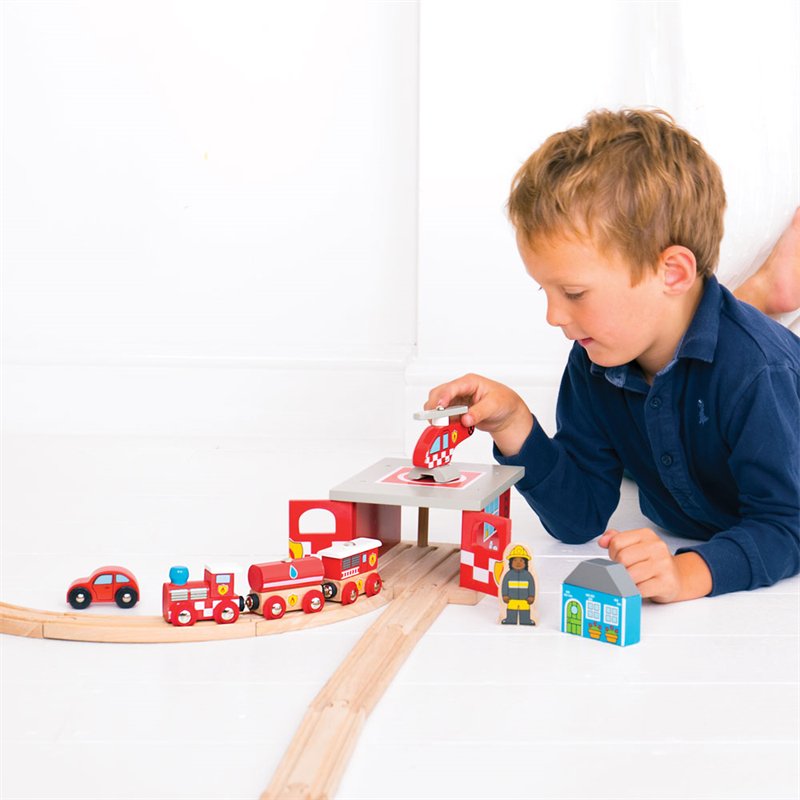 Bigjigs Fire Station Shed with helipad and fire rescue helicopter - Little Whispers
