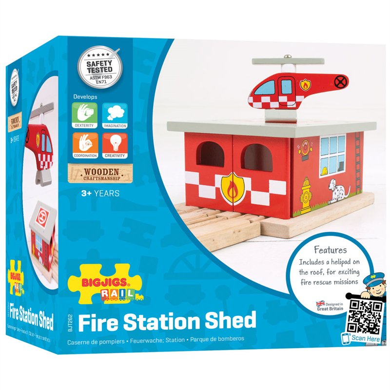 Bigjigs Fire Station Shed with helipad and fire rescue helicopter - Little Whispers