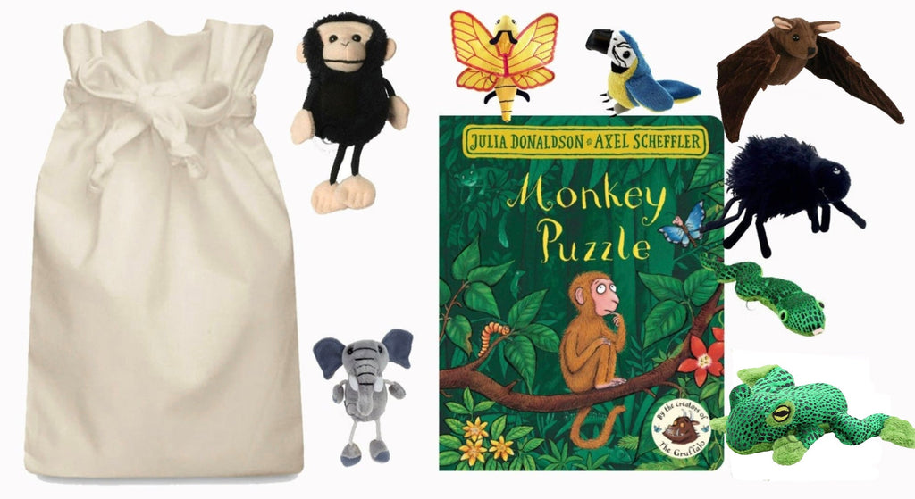 Monkey Puzzle Story Sack with Finger Puppets - Little Whispers